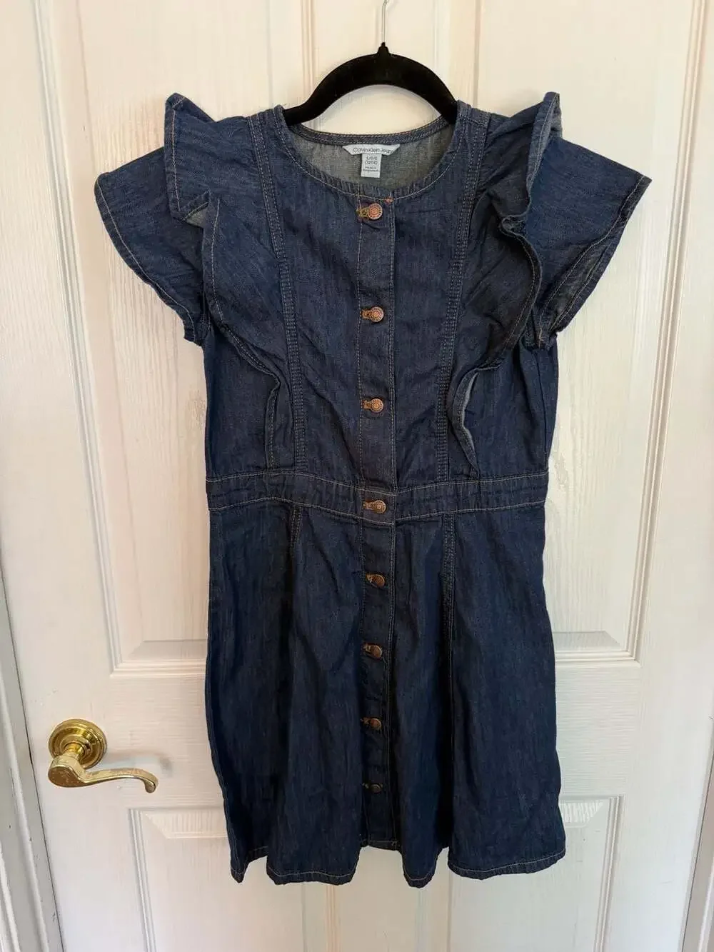 Calvin Klein Jeans Girls Blue Denim Ruffle Sleeve Button Down Dress Size 12/14